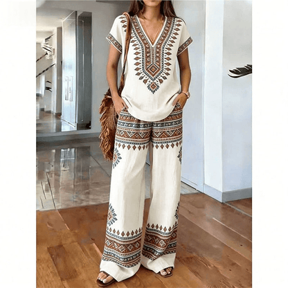 Women's Printed Top and Wide-Leg Trouser Set