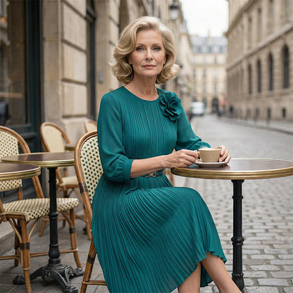 Women’s 3/4 Sleeve Pleated Midi Dress with Waist Tie