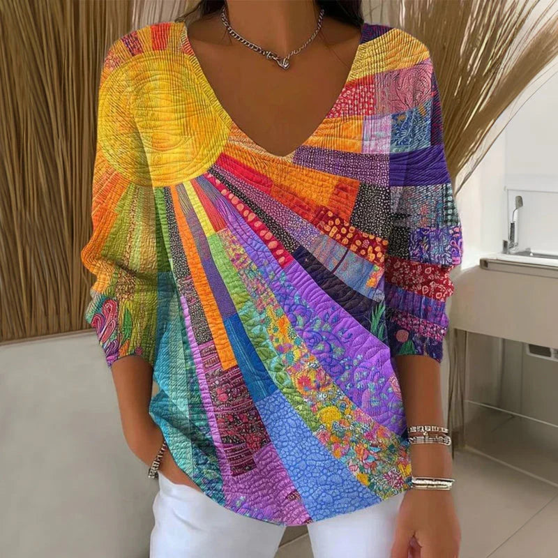 Women’s Colourful Patchwork V-Neck Blouse