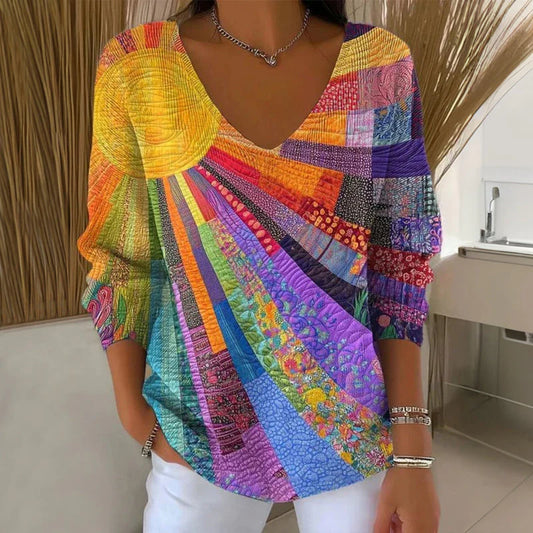 Women’s Colourful Patchwork V-Neck Blouse