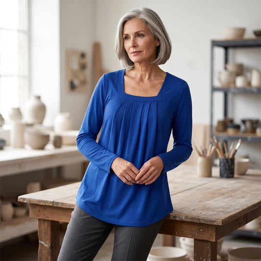 Women’s Square Neck Pleated Long Sleeve Top