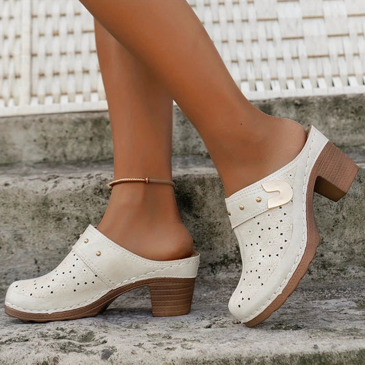 Women’s Vintage Perforated Leather-Look Mules – Summer Slip-On Heeled Clogs