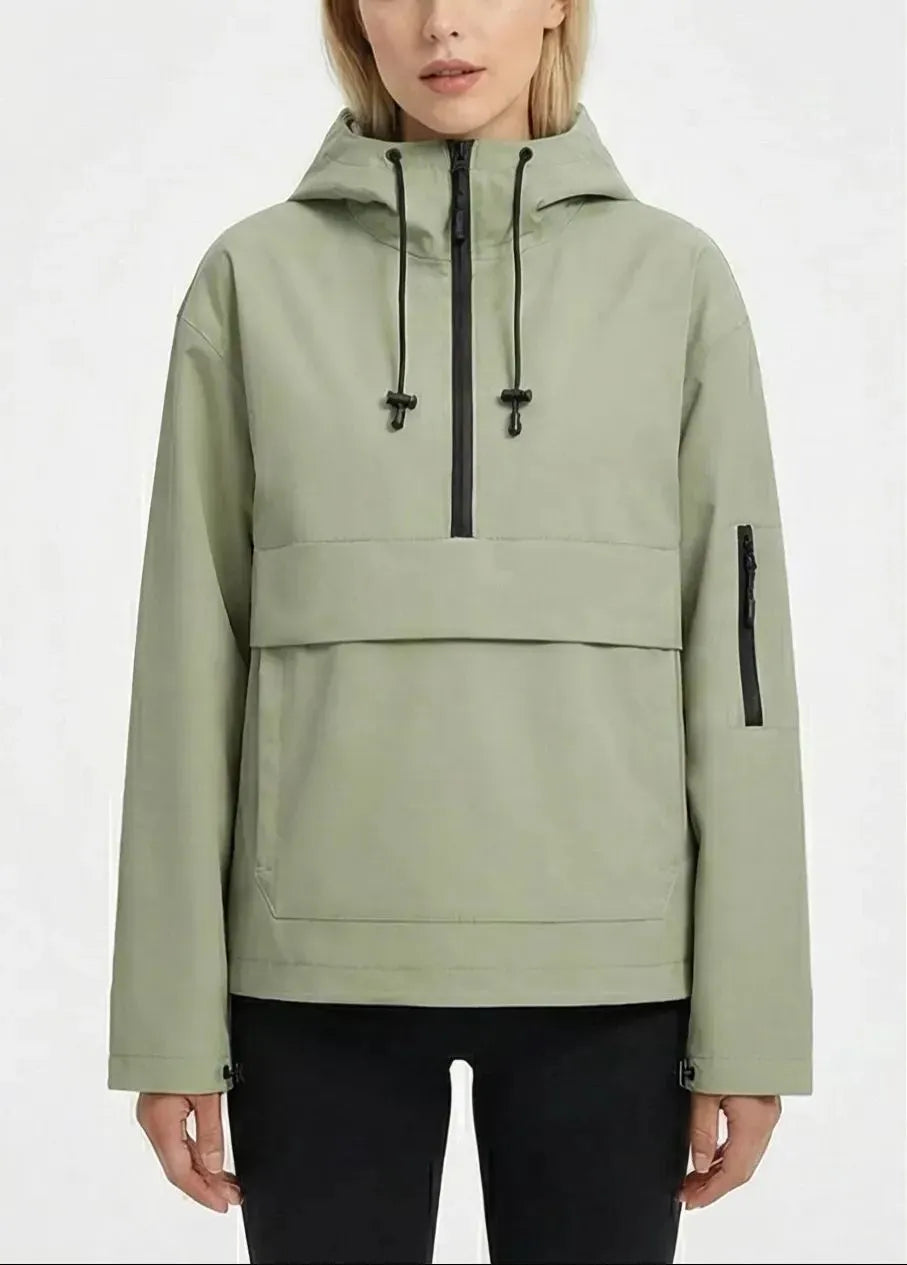Women’s Fleece-Lined Waterproof Half-Zip Rain Jacket with Kangaroo Pocket