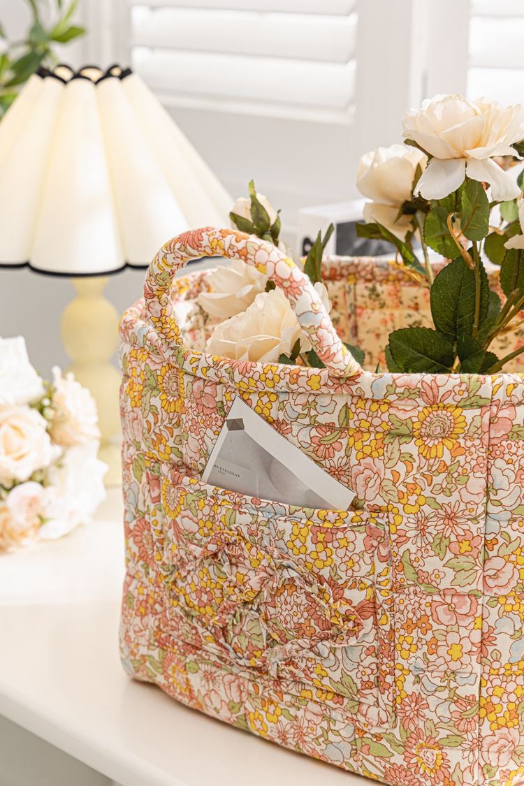 Boho Quilted Fabric Storage Basket Tote