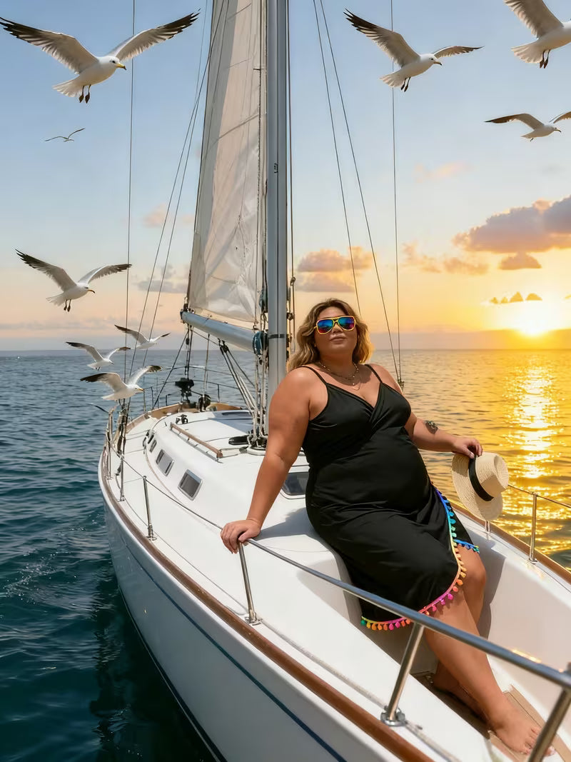Women's Plus Size Pom Trim Beach Cover-Up