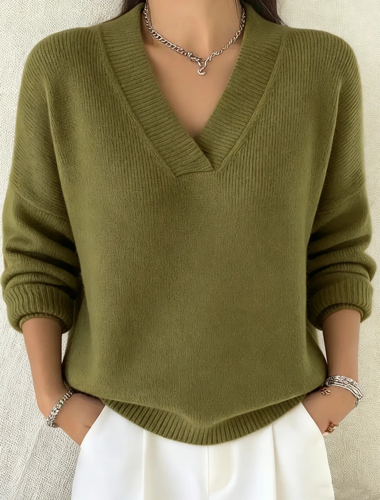 Women’s Relaxed Solid V-Neck Cotton Over-Hip Sweater
