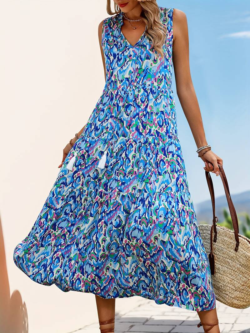 Women’s Bohemian Tassel-Tie Sleeveless Printed Midi Dress