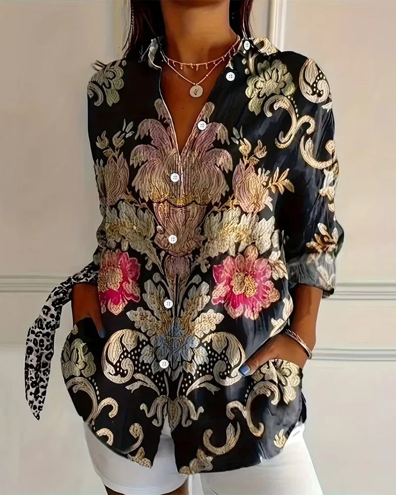 Women’s Floral Button-Front Collared Long Sleeve Shirt