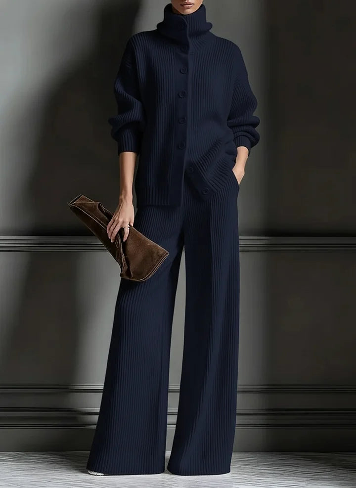 Women’s Luxe Ribbed Funnel-Neck Cardigan & Wide-Leg Knit Set