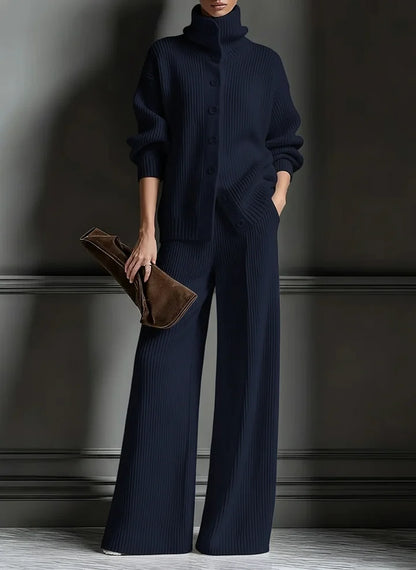 Women’s Luxe Ribbed Funnel-Neck Cardigan & Wide-Leg Knit Set