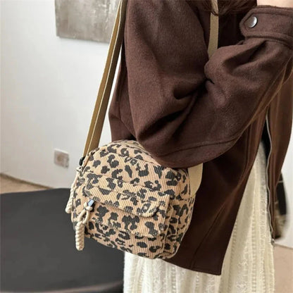 Women’s Pleated Corduroy Cheetah-Print Crossbody Bag