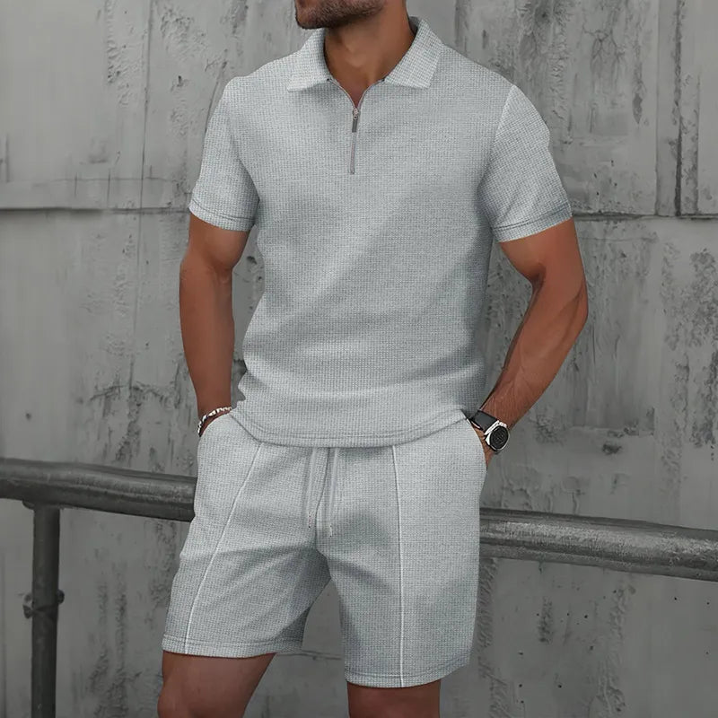 Men’s Textured Zip Polo Shirt and Shorts Set