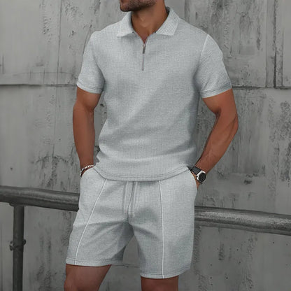 Men’s Textured Zip Polo Shirt and Shorts Set