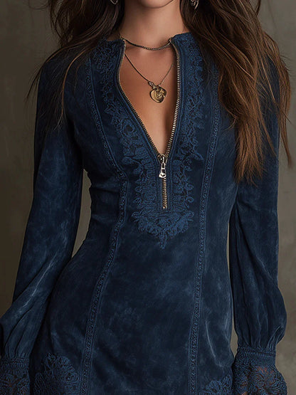 Women's Blue suede mini dress with lace