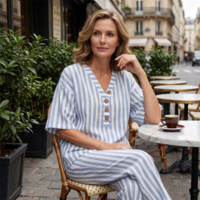 Women's Striped V-Neck Trousers Set