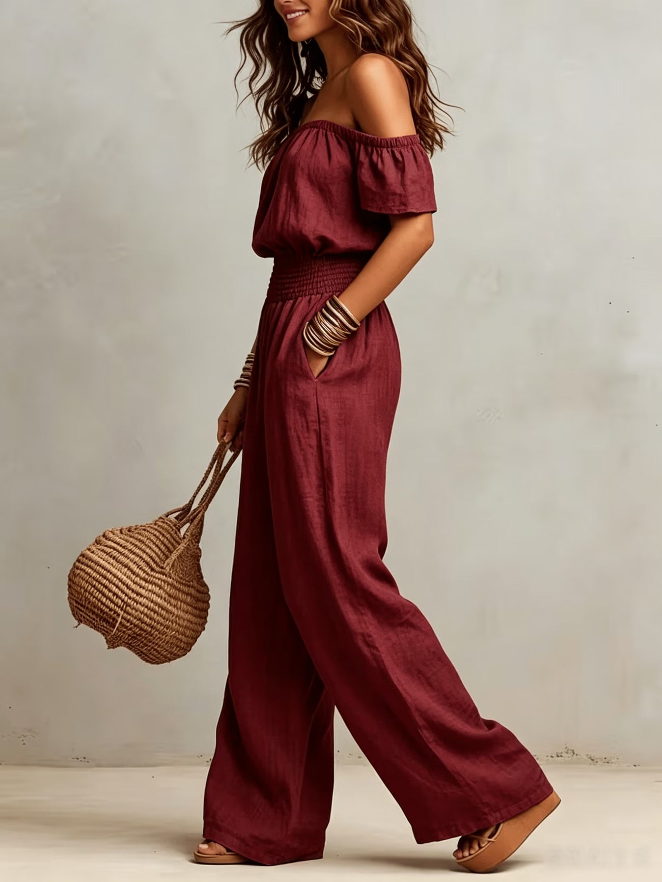 Vintage Off-Shoulder Wide-Leg Jumpsuit