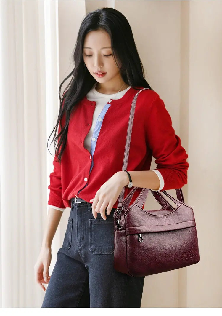 Women’s Multi-Pocket PU Shoulder Bag with Adjustable Strap
