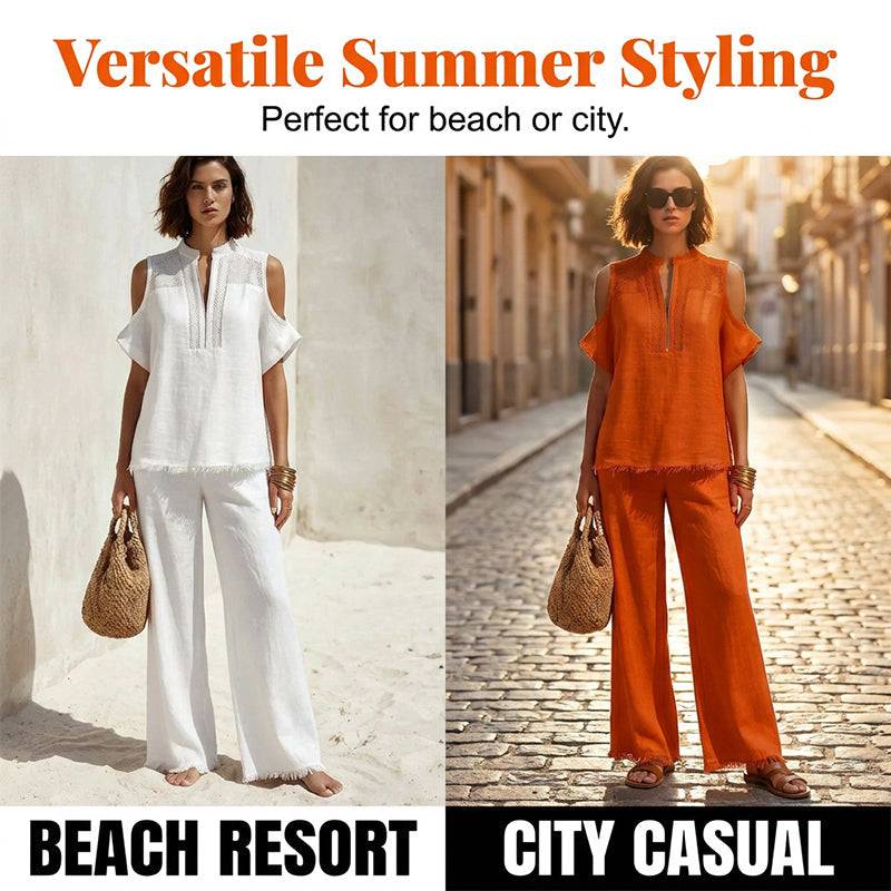 Women's Cut-Out Shoulder Top and Wide-Leg Trouser Set