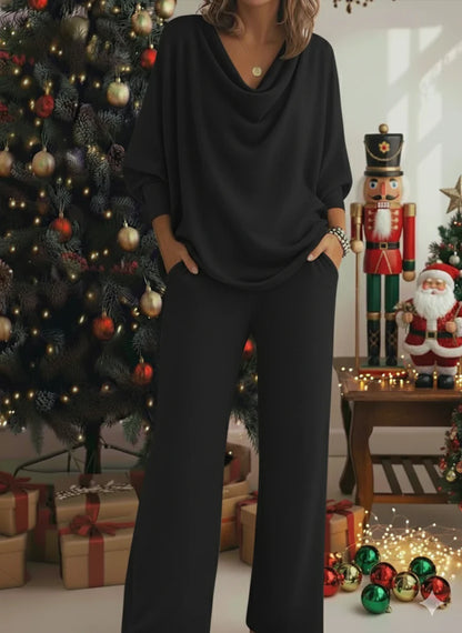 Women’s Christmas Cosy Draped-Neck Wide-Leg Lounge Set
