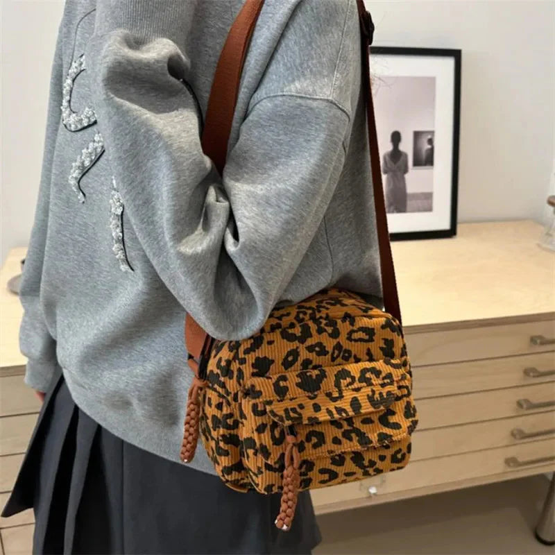 Women’s Pleated Corduroy Cheetah-Print Crossbody Bag