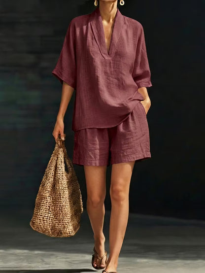Women’s Relaxed V-Neck Top and Shorts Set