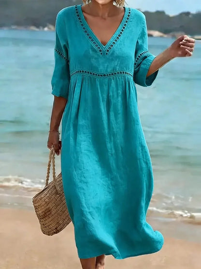 Women’s V-Neck Cut-Out Detail Cotton Linen Midi Dress
