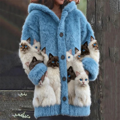 Women’s Fluffy Cat Print Hooded V-Neck Knit Jumper