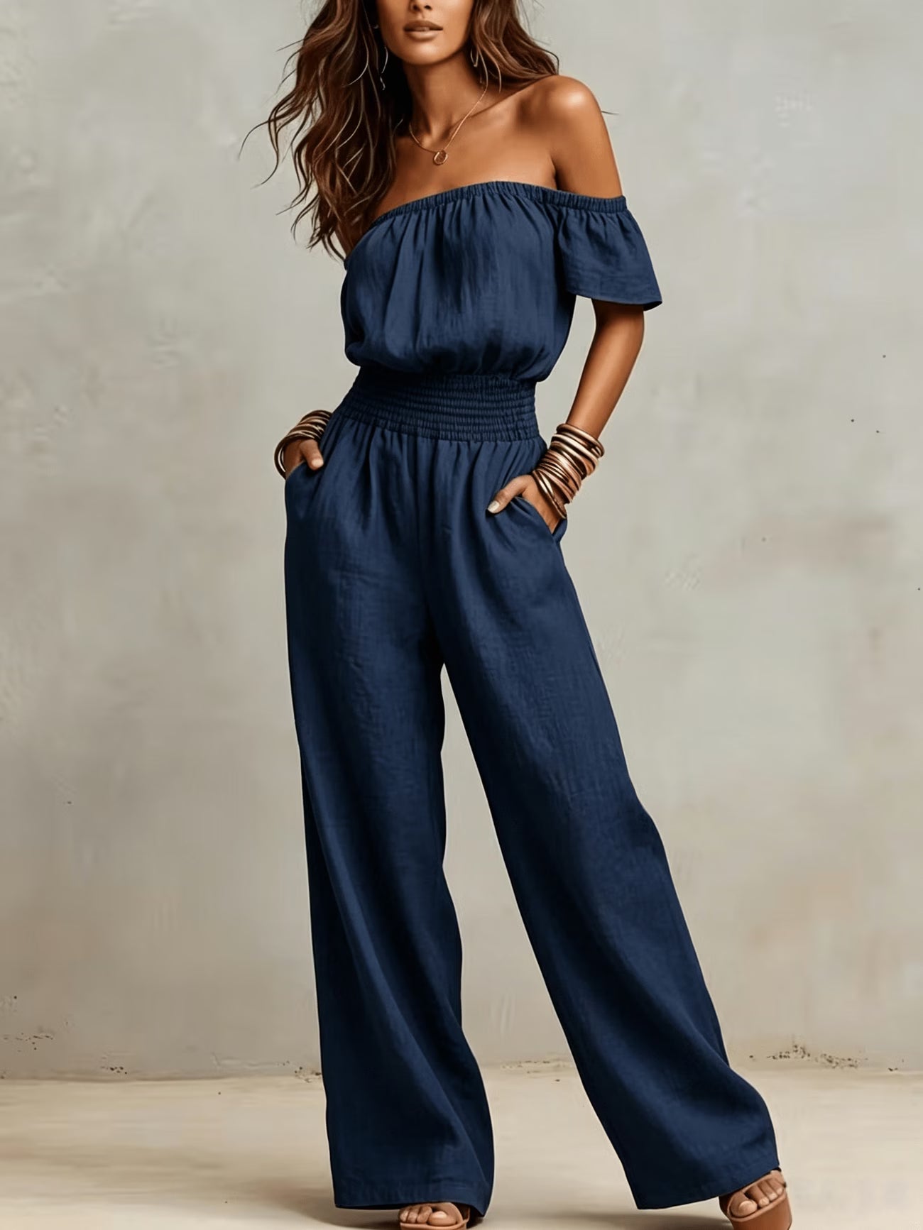 Vintage Off-Shoulder Wide-Leg Jumpsuit