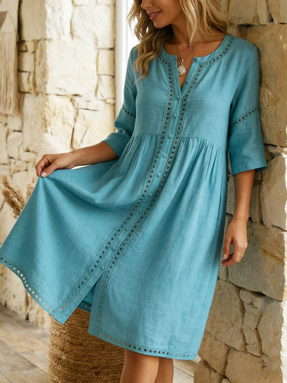 Women’s Cotton Linen Lace Panel Button Midi Dress