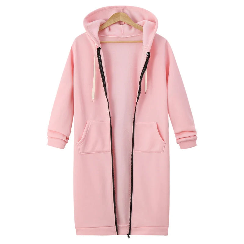 Women's Long Fleece Hooded Zip-Up Top