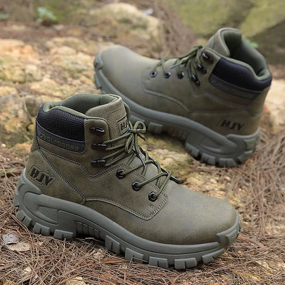 (🤜Work Hard For 5+ Years) Men Leather-Look Motorcycle Boots Waterproof Non-Slip Anti-Puncture Anti-Sprain Hiking Work Boots