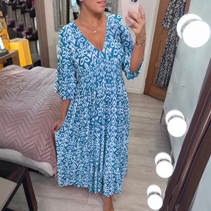 Bohemian V Neck Waist Tie Midi Dress