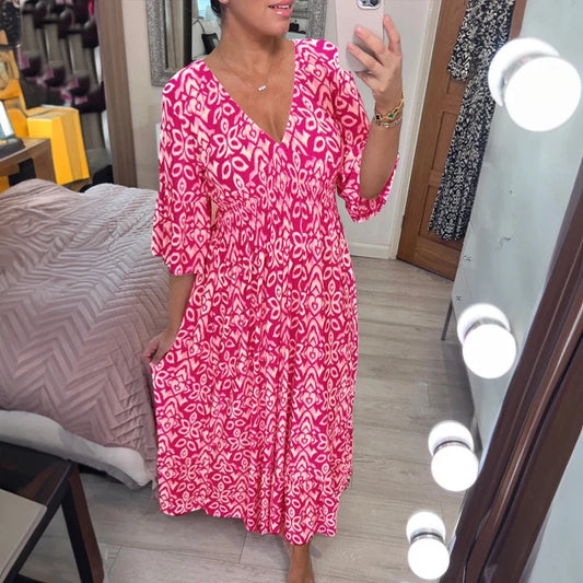 Bohemian V Neck Waist Tie Midi Dress