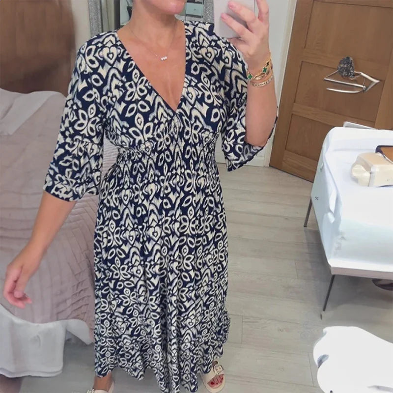 Bohemian V Neck Waist Tie Midi Dress