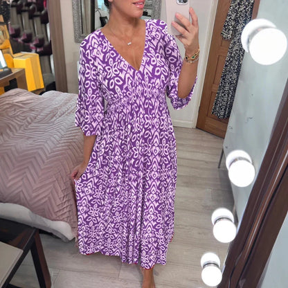 Bohemian V Neck Waist Tie Midi Dress