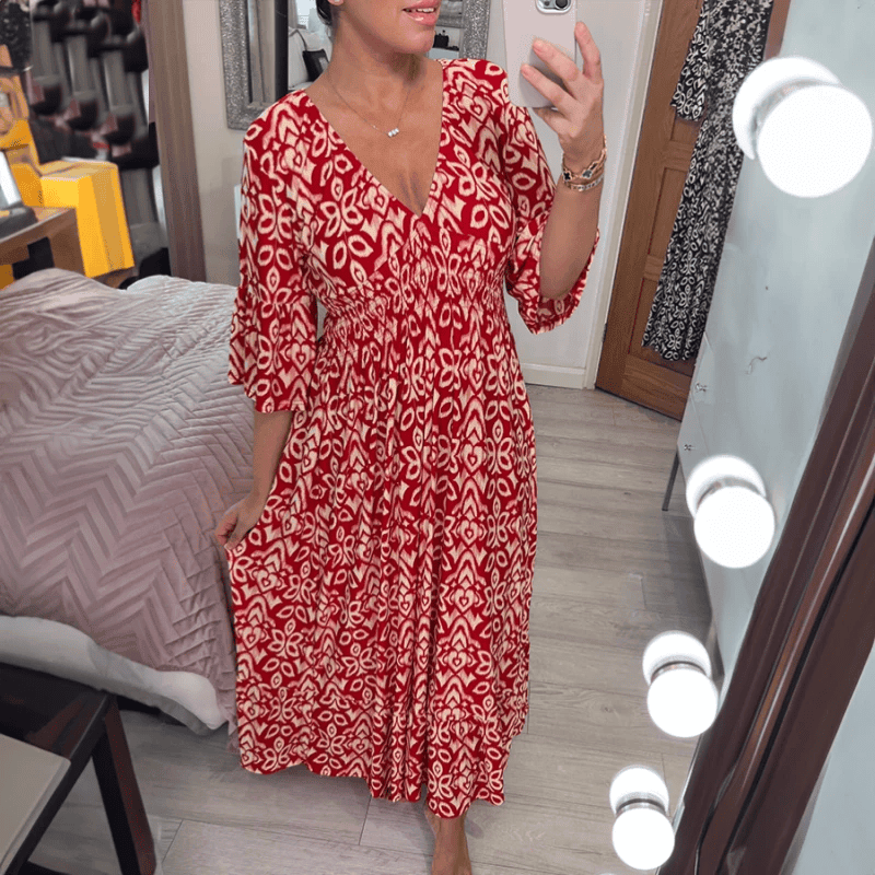 Bohemian V Neck Waist Tie Midi Dress