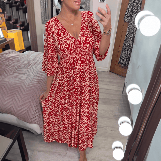 Bohemian V Neck Waist Tie Midi Dress