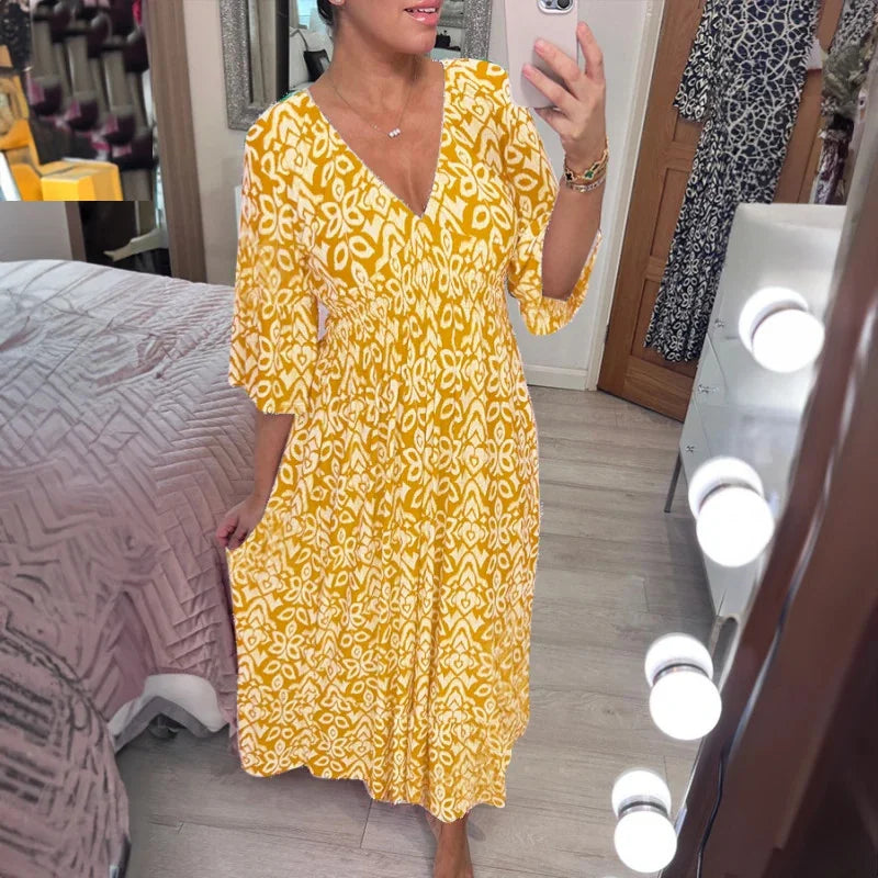 Bohemian V Neck Waist Tie Midi Dress