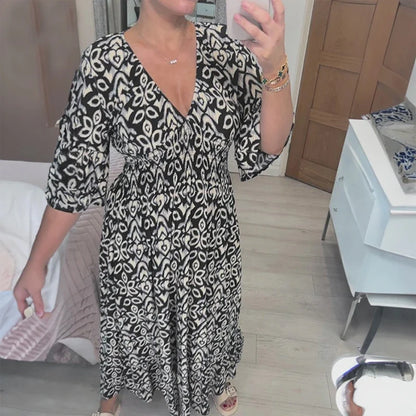 Bohemian V Neck Waist Tie Midi Dress