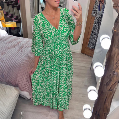 Bohemian V Neck Waist Tie Midi Dress
