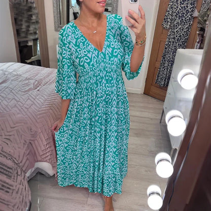 Bohemian V Neck Waist Tie Midi Dress