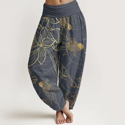 Women’s Cotton Koi & Lotus Elastic-Waist Harem Trousers