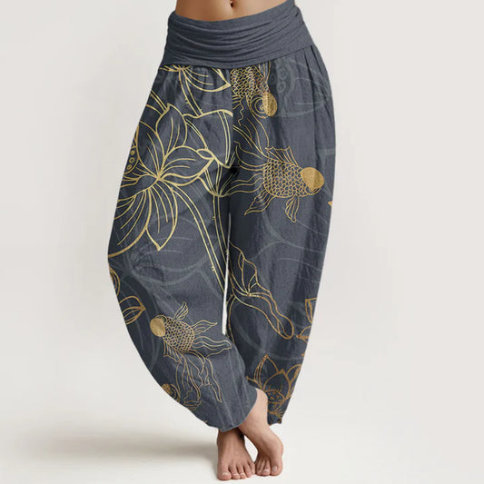Women’s Cotton Koi & Lotus Elastic-Waist Harem Trousers
