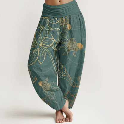 Women’s Cotton Koi & Lotus Elastic-Waist Harem Trousers