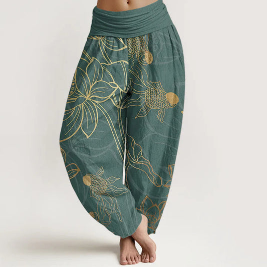 Women’s Cotton Koi & Lotus Elastic-Waist Harem Trousers