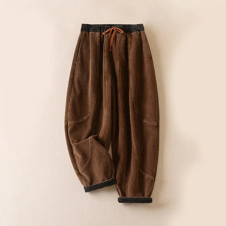 Women’s Contrast-Cuff Thermal Corduroy Harem Trousers with Pockets