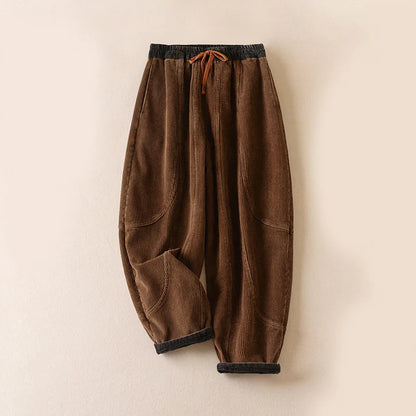 Women’s Contrast-Cuff Thermal Corduroy Harem Trousers with Pockets