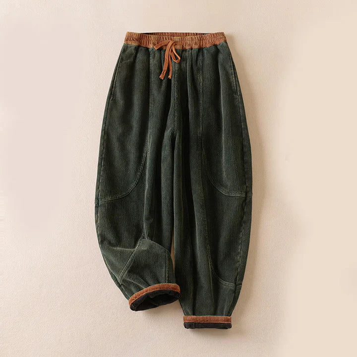 Women’s Contrast-Cuff Thermal Corduroy Harem Trousers with Pockets