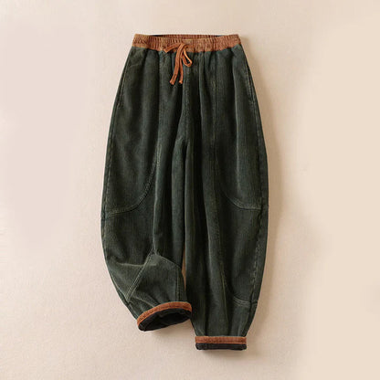 Women’s Contrast-Cuff Thermal Corduroy Harem Trousers with Pockets