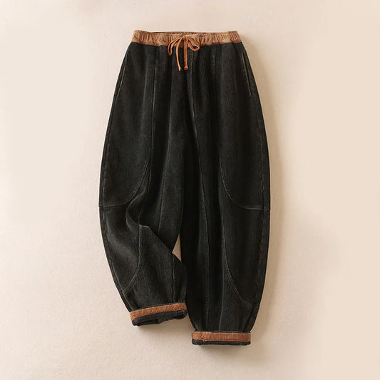 Women’s Contrast-Cuff Thermal Corduroy Harem Trousers with Pockets